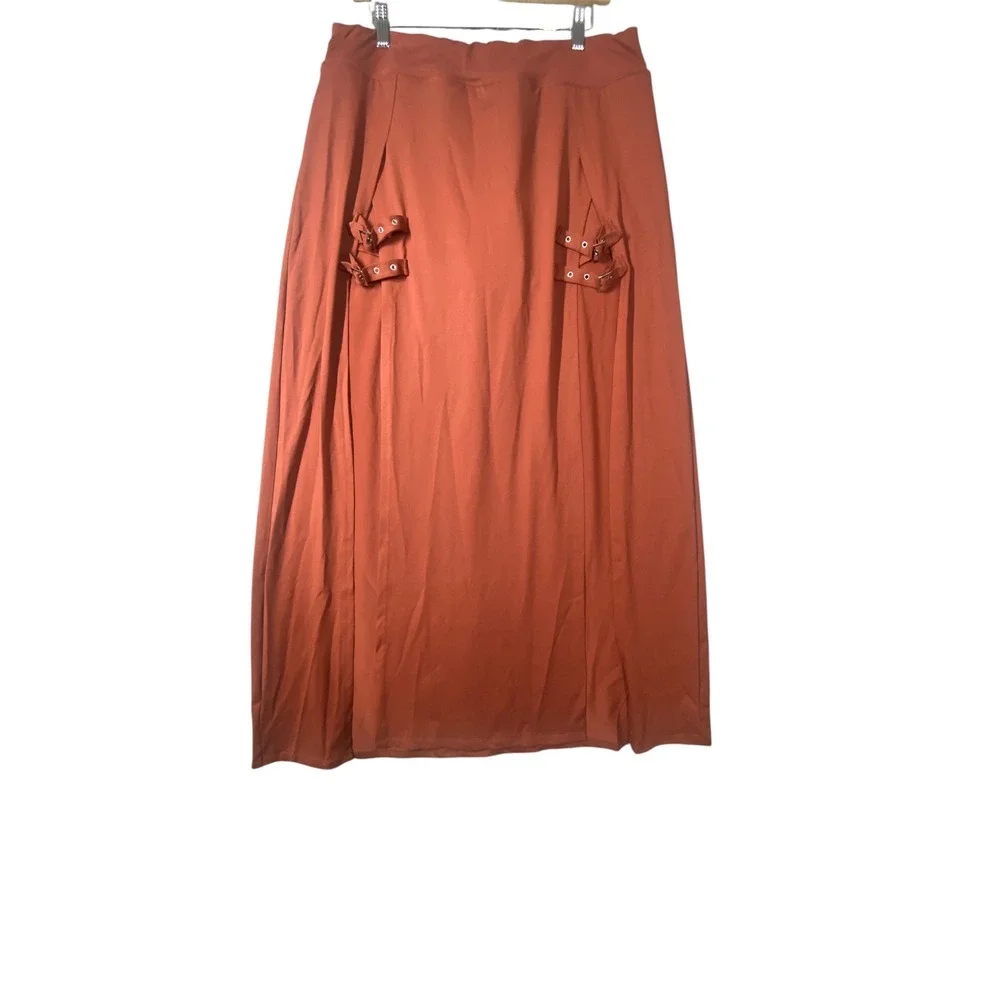 Halara Rust Red Double Slit Buckle Detail High‎ Waisted Maxi Skirt Womens XL NEW